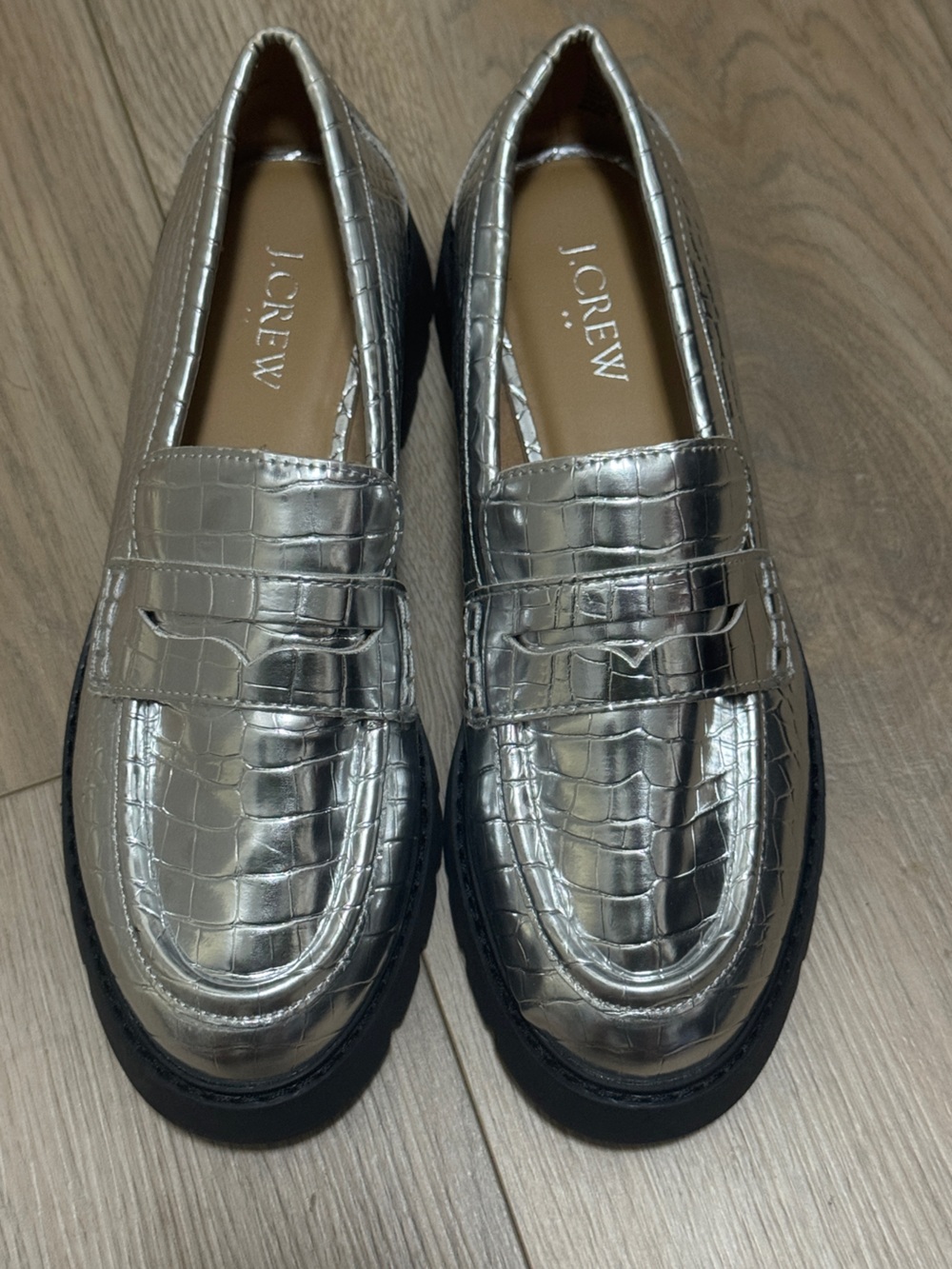 J. Crew Winona Lugsole Penny Loafers Metallic Silver Croc-Embossed Faux Leather - Picture 3 of 8